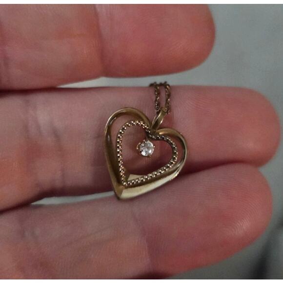 Vintage 14K GF Heart Diamond Pendant Necklace PPC 3d Raised Double Heart - Picture 8 of 11